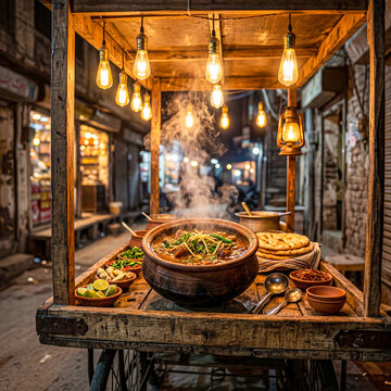 Authentic Pakistani Street Food Stall Night Market Steaming 
Hot Nihari Clay Bowl Wooden Cart Warm Golden Light Cinematic 
Food Photography Pakistan