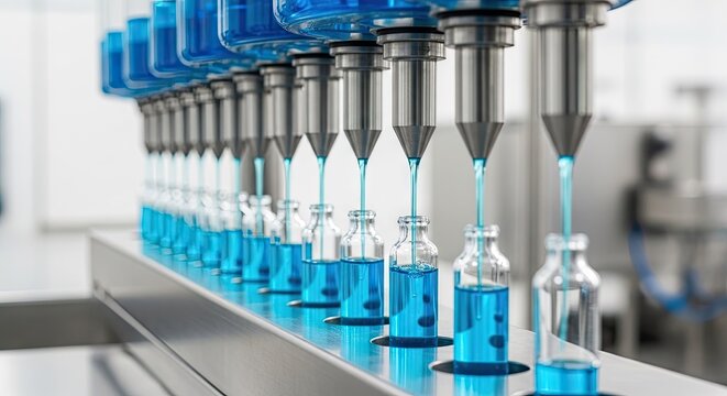 Automated production line filling vials with blue liquid in a laboratory setting