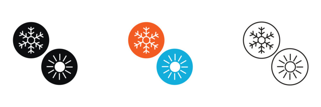 Heat and ice protection icons set in styles. Collection of fire and snowflake shield icons representing heat and cold protection, insulation, and temperature resistance in multiple design styles.