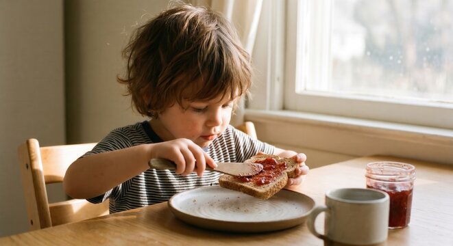 Toddler spreading jam on toast at breakfast table