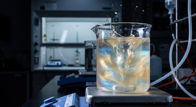 Swirling pearlescent liquid in glass beaker on magnetic stirrer