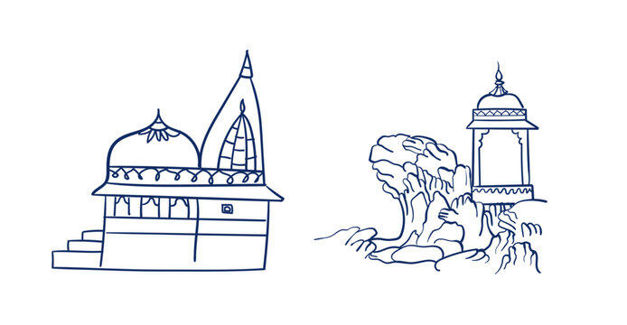 India  temple building hand drawn vector ink traditional oriental asian Indian design isolated