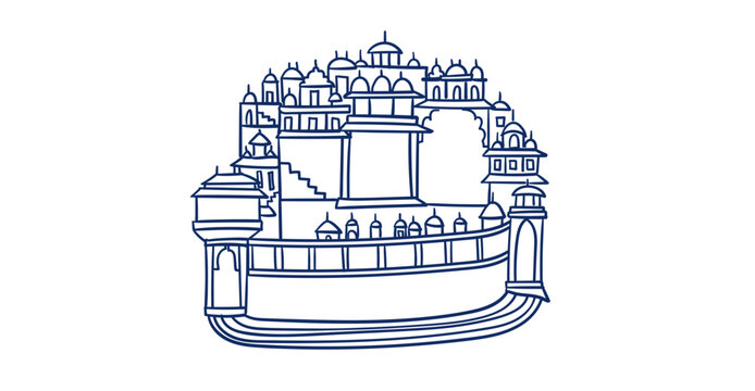 ancient city India building hand drawn vector ink traditional oriental asian Indian design isolated
