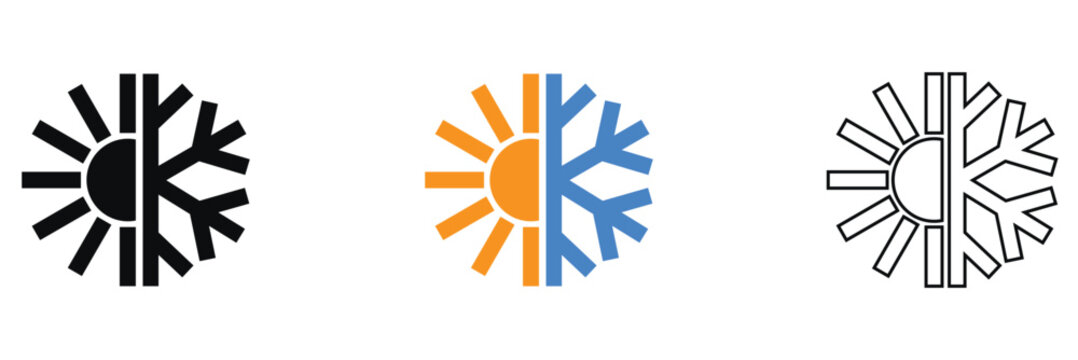 Heat and ice protection icons set in styles. Collection of fire and snowflake shield icons representing heat and cold protection, insulation, and temperature resistance in multiple design styles.