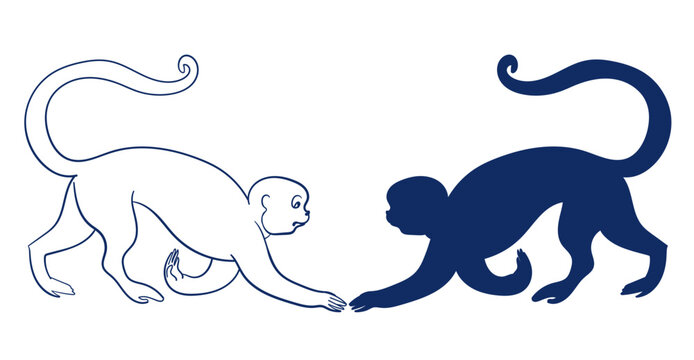 monkey stylized hand drawn vector ink traditional oriental asian Indian design isolated