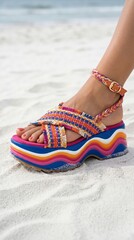 Naklejka premium A woman wears stylish and vibrant platform sandals with a colorful wavy sole and woven straps while standing on a white sandy beach, capturing the essence of trendy summer beach fashion.