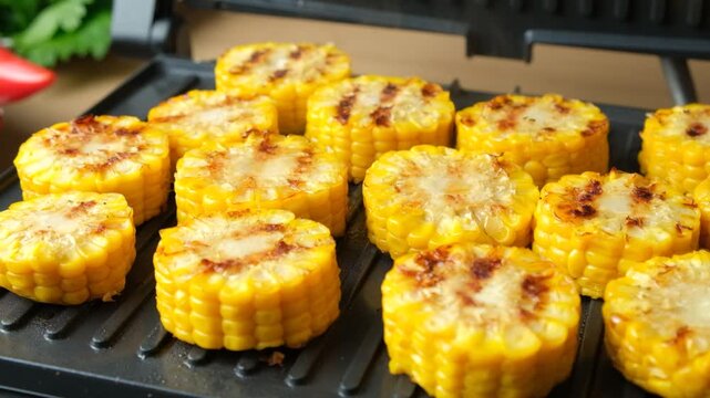 Opening the lid of an electric home grill with roasted corn inside