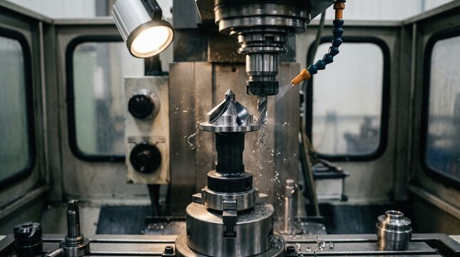 Focused medium shot of piloted countersink manufacturing capturing the finishing touches as the machine refines the tools flange and pilot tip.