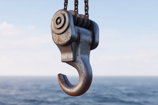 Industrial heavy-duty metal crane hook with rusted texture suspended by steel chains over a calm blue ocean background under a clear sky, symbolizing maritime lifting and construction.