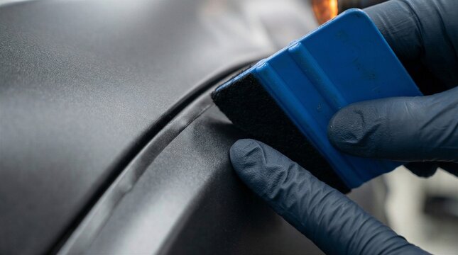 Professional technician applying matte black vinyl wrap to a car body panel using a blue squeegee tool and wearing protective gloves during a high-quality vehicle customization process.