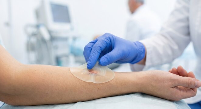Doctor applying hydrocolloid healing patch to patient arm