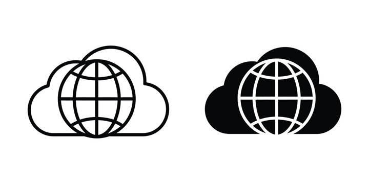 Cloud with globe icon illustration in black and white