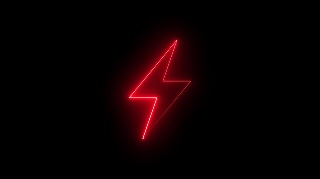 Neon charging icon animation on black background. Glowing Power lightning bolt motion graphics. Battery charging power 4k video footage.