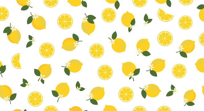 A vibrant seamless pattern featuring a mix of whole lemons, sliced citrus halves, and delicate white blossoms arranged on a soft light yellow textured background.