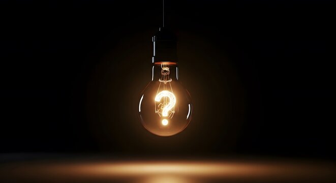 uncertainty concept, hanging light bulb with a bright question mark inside, symbol of inquiry, doubt and the start of new ideas