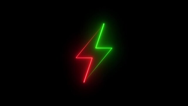 Neon charging icon animation on black background. Glowing Power lightning bolt motion graphics. Battery charging power 4k video footage.