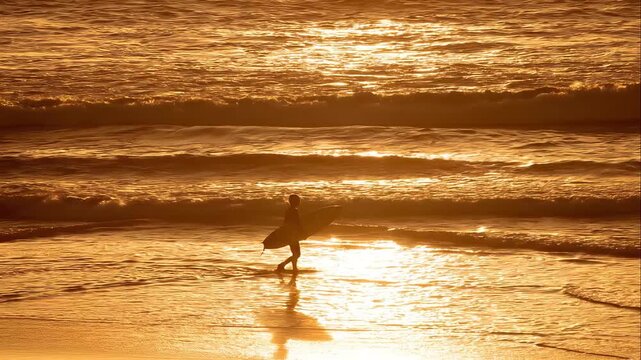 Silhouette of a surfer at sunset walking on the beach; ocean waves; HD video footage