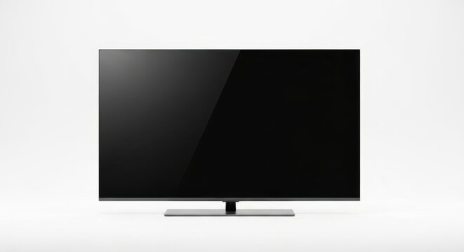 An isolated black flat-screen LCD TV computer monitor with a blank desktop display representing modern digital television and electronic PC hardware technology
