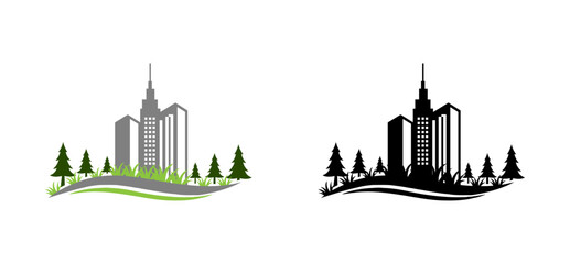 Obraz premium City skyline with trees and buildings in vector illustration format
