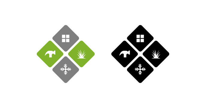 Seasonal icons set with hammer, plant, snowflake and window symbols