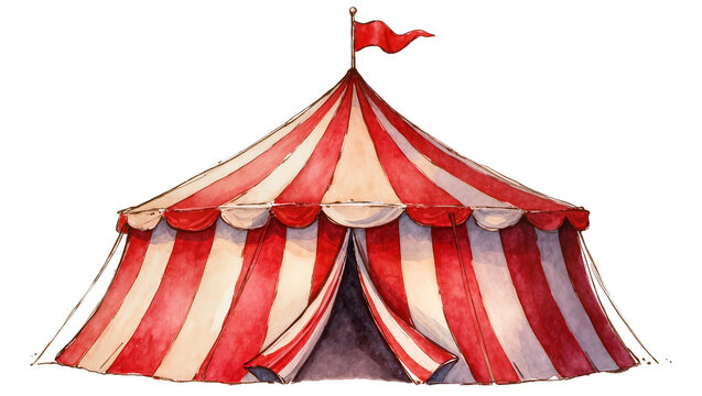 Isolated vibrant watercolor illustration of a classic red and white striped circus tent with flag