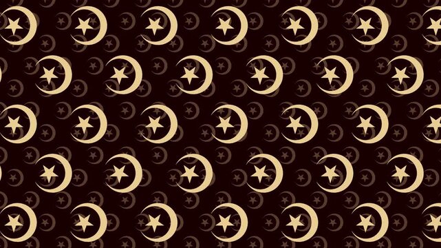 Animated Seamless Pattern Of Gold Crescent Moon And Star Symbols With Parallax Animation On A Dark Background, 4K Seamless Loop, 16:9 Horizontal Video
