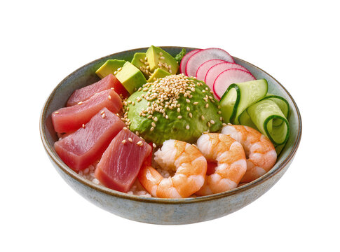 Isolated fresh colorful poke bowl with tuna, shrimp, avocado, cucumber, radish, and sesame seeds