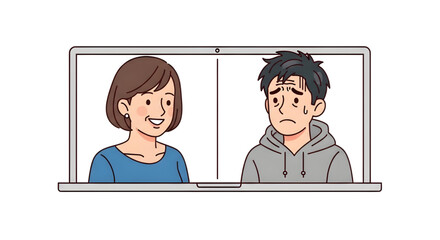 Fototapeta premium Stressed young man and a smiling woman on a video call on a laptop screen. The man looks exhausted and rubbing his temples, On the right, a young man with messy dark hair, a grey hoodie,