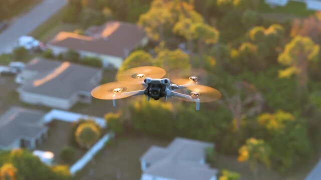 Aerial drone flying above suburban neighborhood with rows of residential houses, capturing high angle view of rooftops, streets and modern family homes.