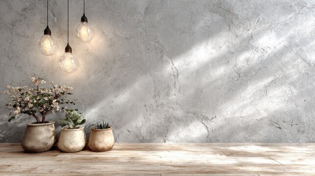 Three hanging incandescent bulbs illuminate a rustic wooden surface and potted plants against a textured gray wall.