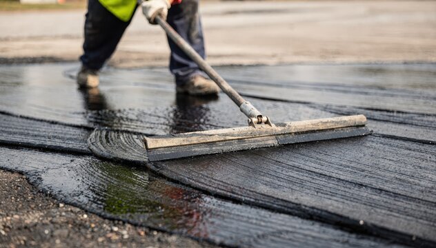 Medium shot featuring a worker manually smoothing sealcoat layers with a squeegee sharp on the tools movement and darkened fresh coating while the background fades out.