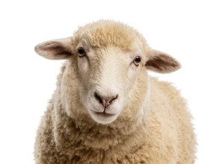 Isolated young sheep headshot looking directly at camera, fluffy woolly coat, studio animal © Saoirse