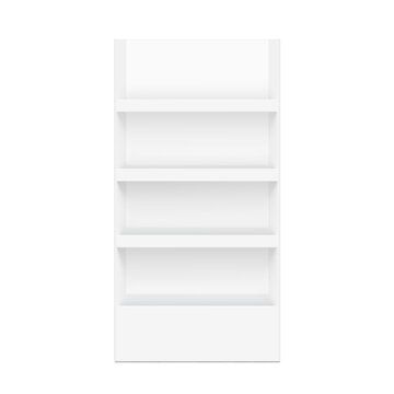Four shelf side display with base mockup for sale point. Vector illustration on a white background. Can be use for template your design, promotion, advertising. Scalable without lose quality. EPS10.