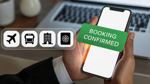 A digital marketing image showing a mobile phone with a green notification banner displaying BOOKING CONFIRMED in white text.