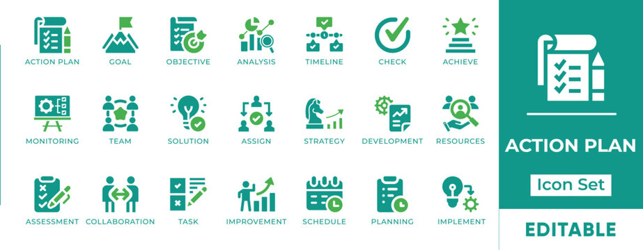 Action plan and project management icon set. Business strategy, task schedule, resource assignment, and timeline objective symbols.