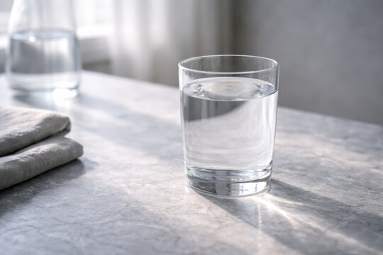 Glass of clear water on a stone surface with napkin