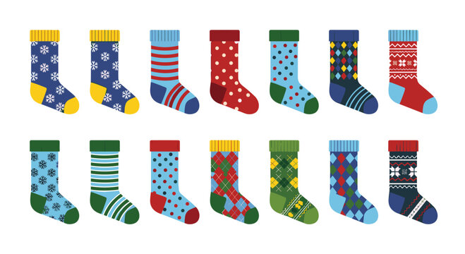 Twelve colorful winter socks with various knit patterns including snowflakes, stripes, polka dots, and argyle are displayed in a neat grid against a neutral white backdrop.