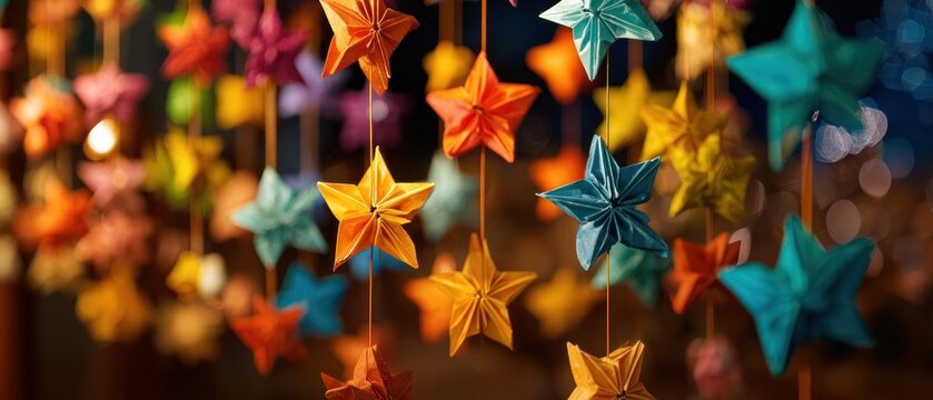 Colorful origami stars hanging decorative background
