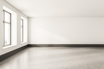 Fototapeta premium Empty interior room with minimalist architecture shown in clean realistic style on bright neutral background, concept of space and clarity, 3D Rendering