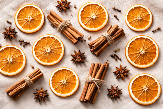 Fresh orange slices and cinnamon sticks on a table