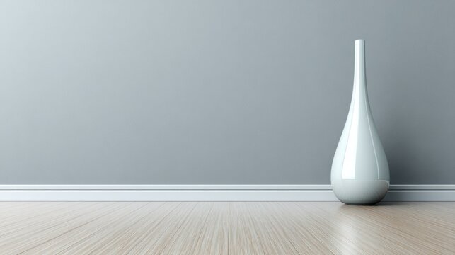 Minimalist interior setting features a tall, elegant white ceramic vase against a subdued gray wall