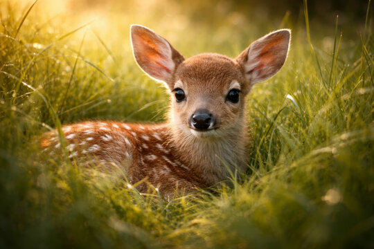 Adorable fawn resting peacefully in the grass at sunset