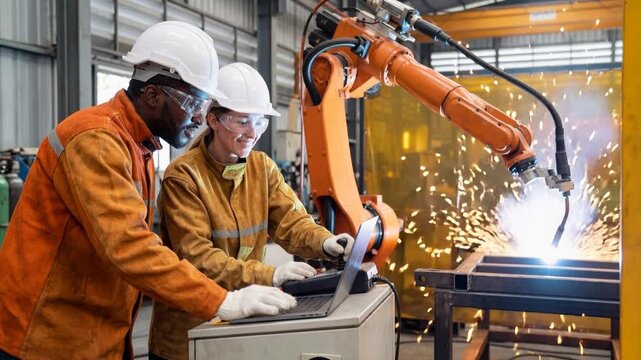 Engineers using joystick to operate a robotic arm performing welding in a factory
