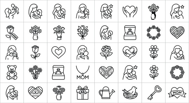 Mother s Day Icons Set Line Art Style Black and White