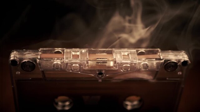 A macro view of a clear vintage audio cassette tape with smoke rising in a dark environment. Concept of retro music nostalgia, analog technology burnout, and obsolete media destruction.