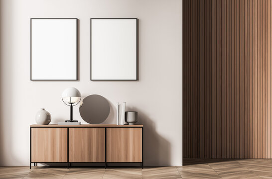 Two framed poster mockups in a modern interior room, minimalist style on a neutral wall background, concept of home decor and architecture, 3D Rendering