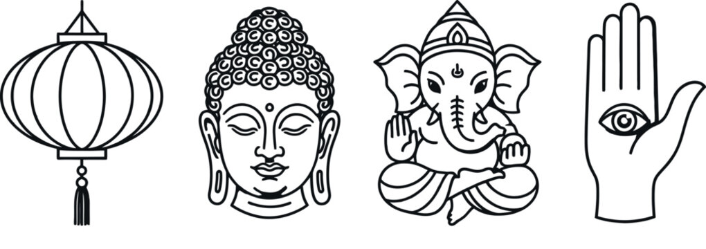 Black line art icons of buddha, ganesha, hamsa and lantern