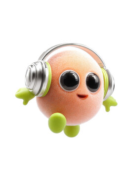 Cute fuzzy round cartoon creature wearing silver headphones with green accents 3D render