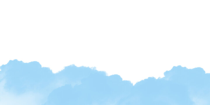 Horizontal blue cloud border with fluffy cumulus texture and transparent background for website header design.