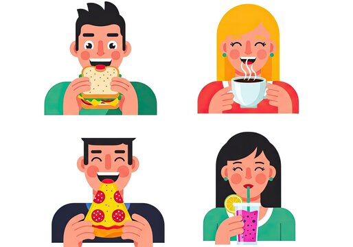 Diverse people eating sandwich pizza and drinking coffee vector characters